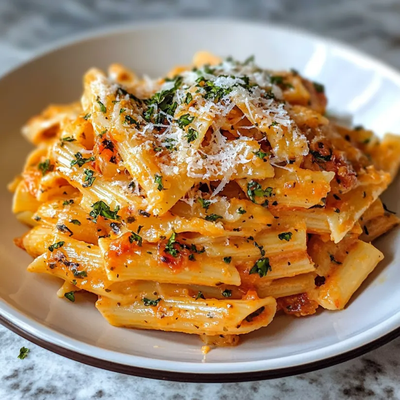 Ein Teller Pasta mit Käse und frischen Kräutern obendrauf.