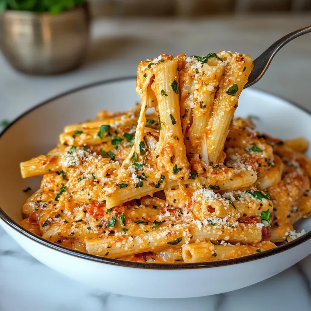 Eine Schale Nudeln mit Tomatensoße und Knoblauch.