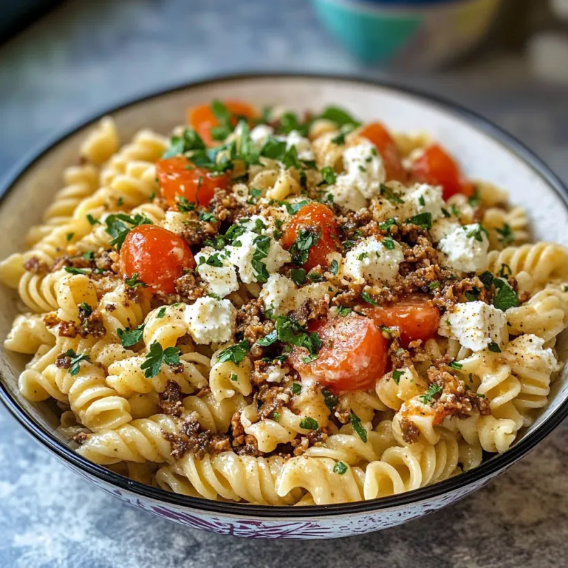 Eine Schale Pasta mit Tomaten und Käse.