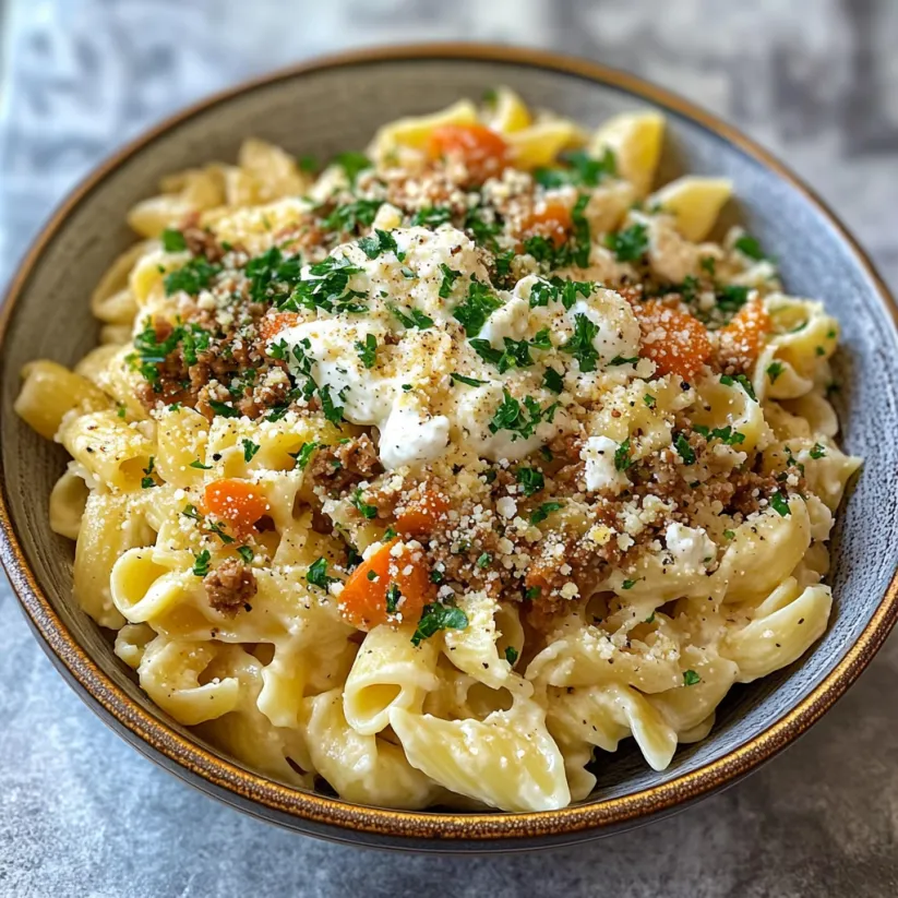 Eine Schale Pasta mit Käse und Tomaten.