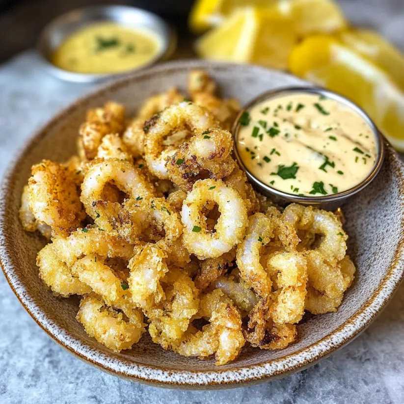 Eine Schüssel Calamari mit Dip.