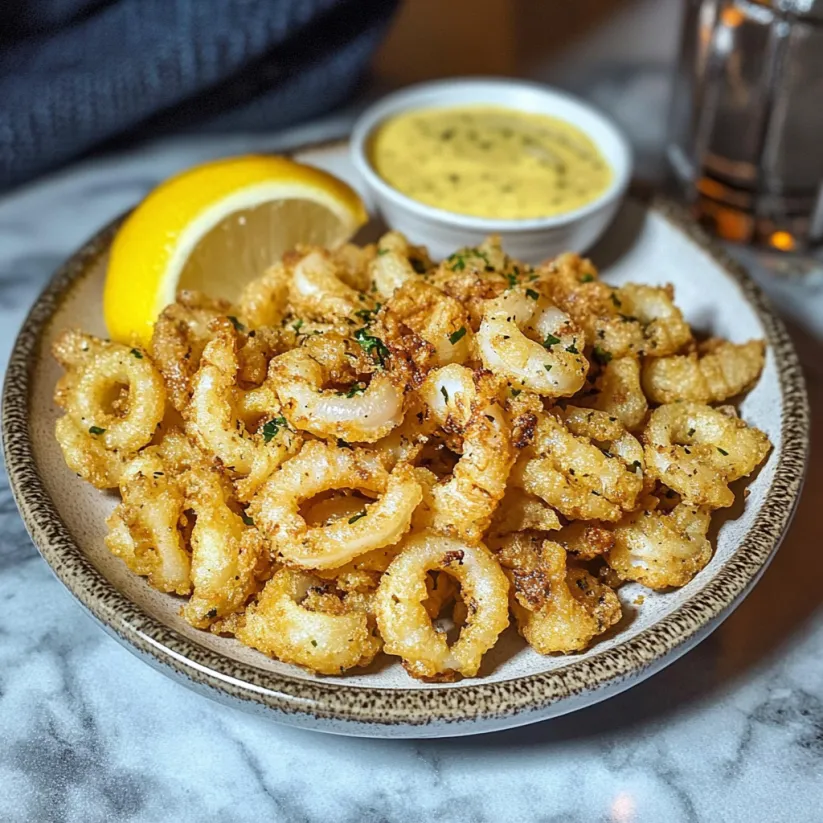 Ein Teller Calamari mit Zitronenstück.