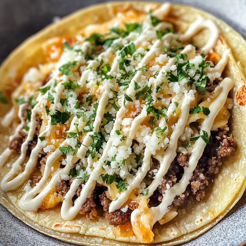 Ein leckerer Burger-Taco mit Käse und Sauce.