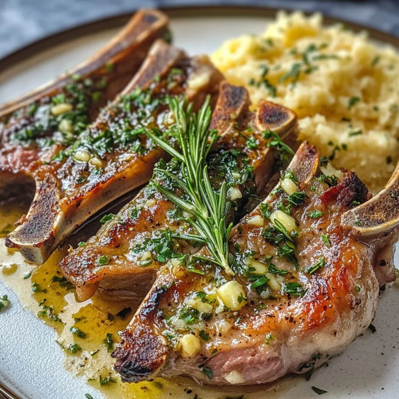 Ein Teller Lammkoteletts mit Knoblauch und Rosmarin.