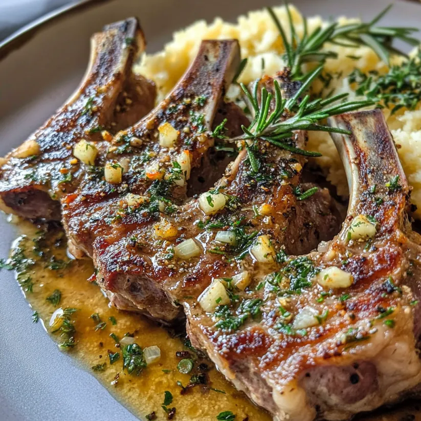 Ein Teller mit Fleisch, Knoblauch und Rosmarin.