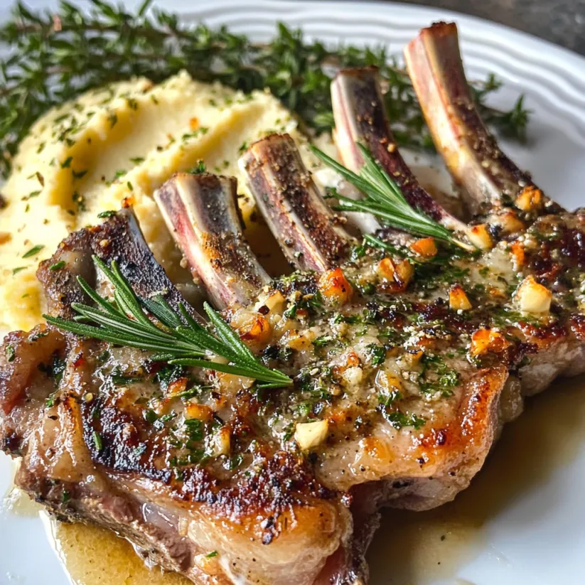 Ein Teller mit Fleisch, Knoblauch und Rosmarin.
