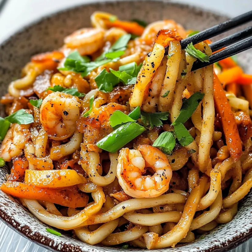 Schüssel mit Udon-Nudeln, Garnelen und schwarzem Pfeffer.