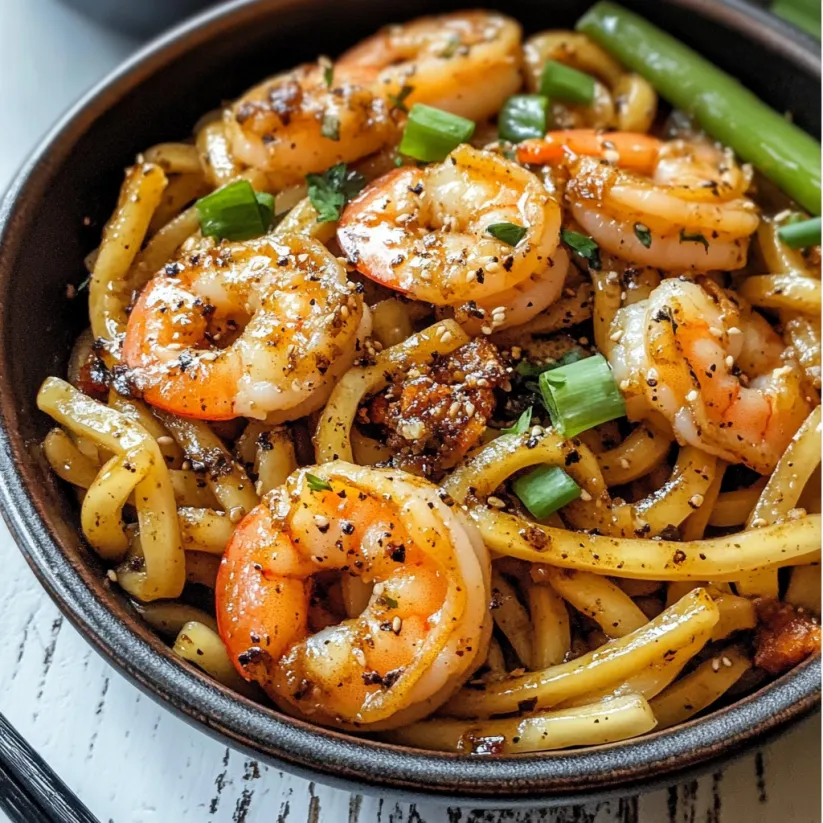 Udon-Nudeln mit schwarzen Pfeffer und Garnelen in einer Schale.
