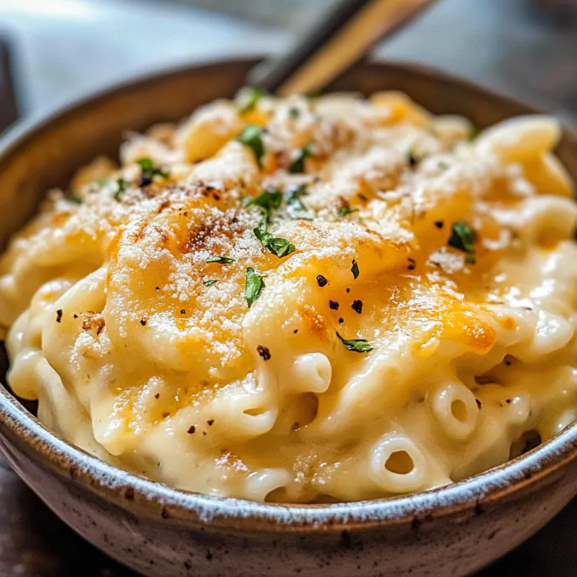 Eine Schüssel Mac Cheese mit Löffel drin.