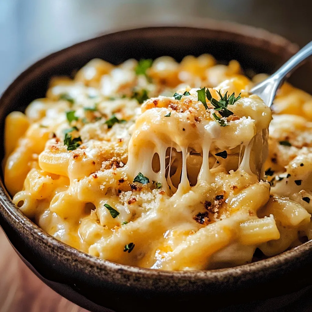 Schüssel mit Makkaroni und Käse, Löffel steckt drin.