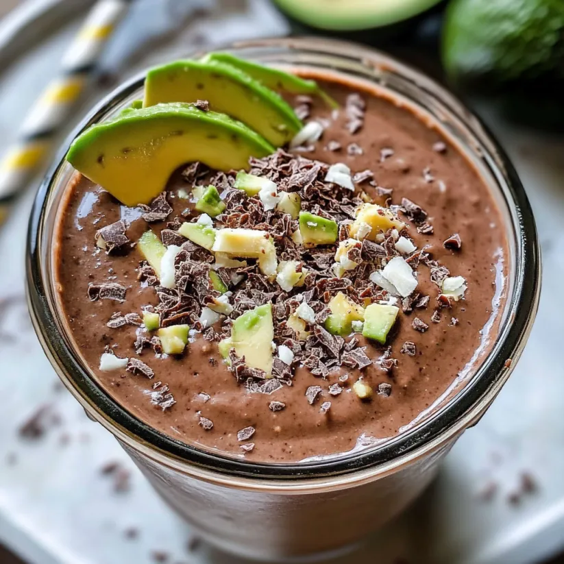 Ein cremiger Schoko-Avocado-Smoothie mit Limettenscheibe oben drauf.