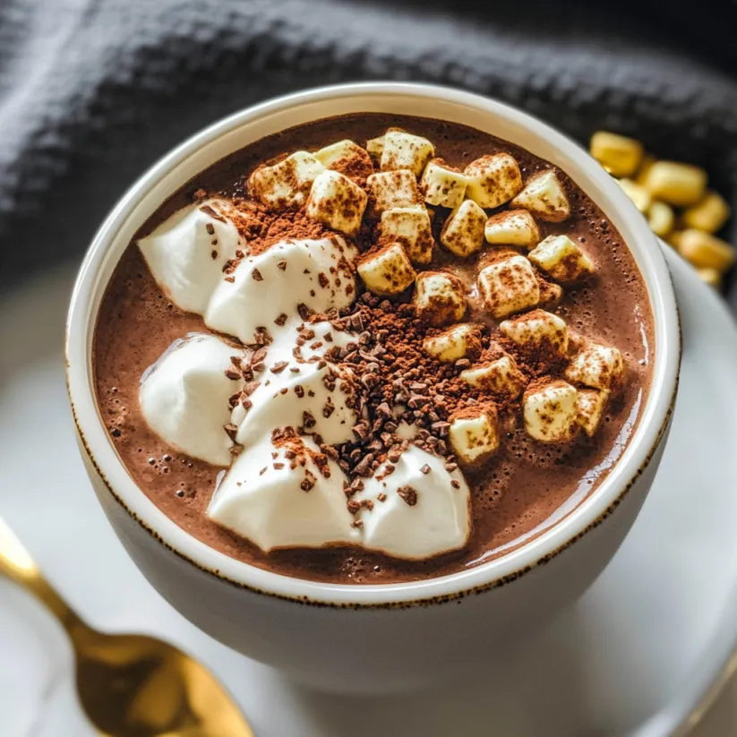 Eine Tasse heiße Schokolade mit Sahne und Marshmallows.