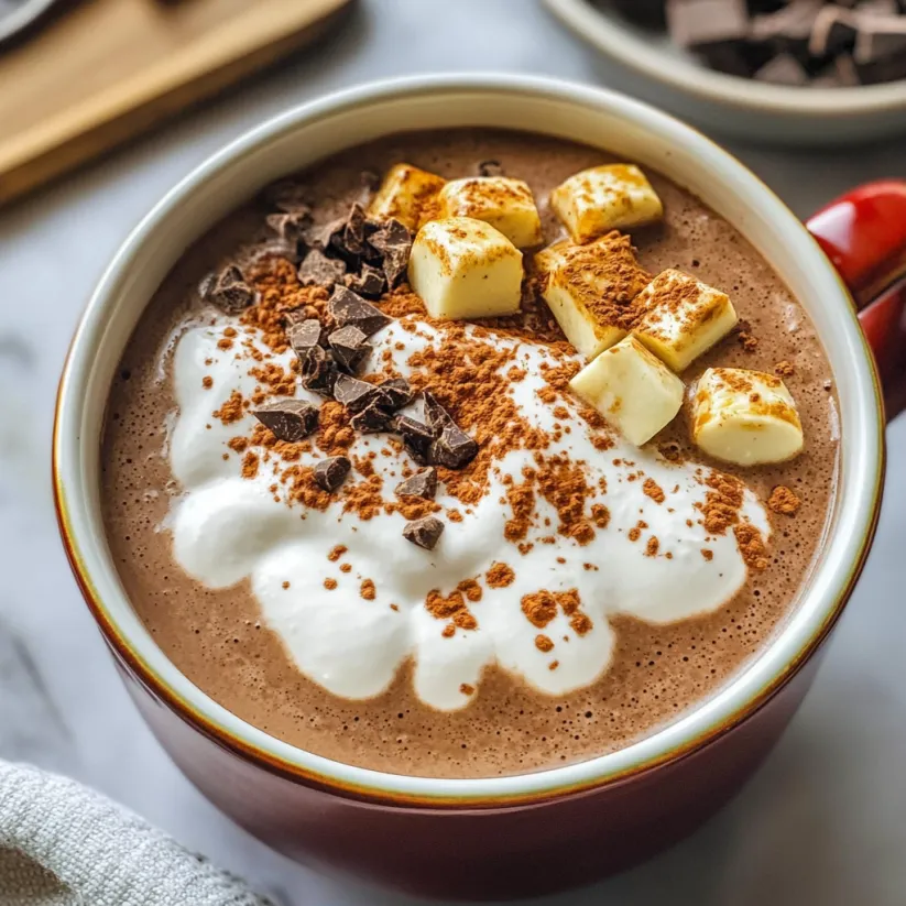 Eine Tasse heiße Schokolade mit Schlagsahne und Schokostückchen.