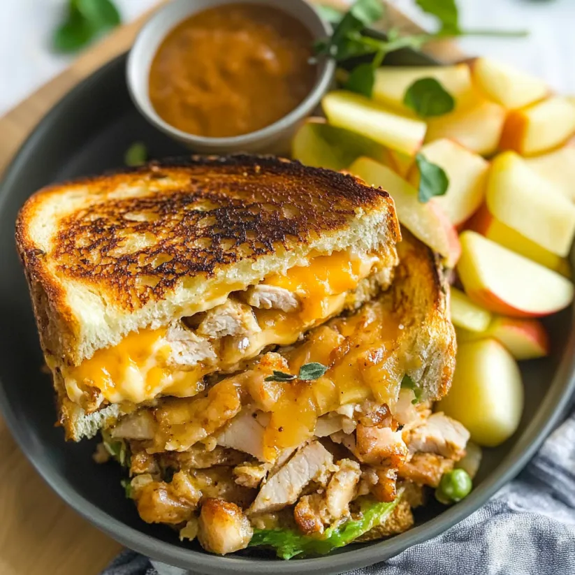 Sandwich mit Hähnchen und Käse auf einem Teller.