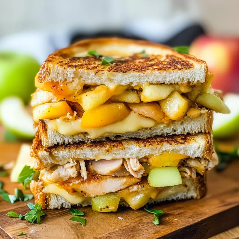 Sandwich mit Hähnchen, Käse und Apfelscheiben.