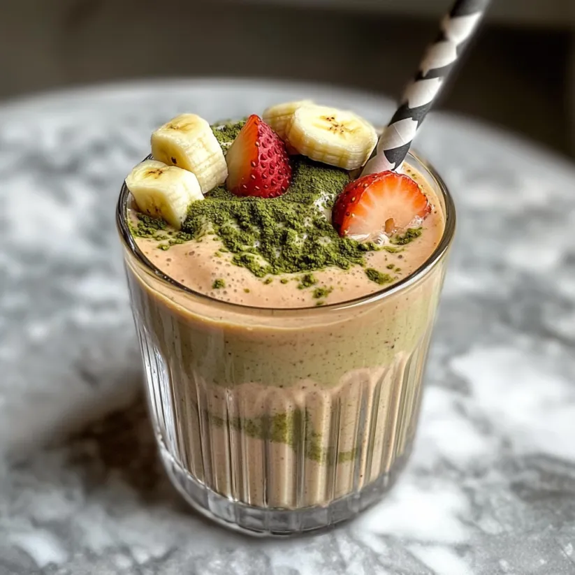 Ein Glas Erdbeer-Matcha-Smoothie mit Banane.