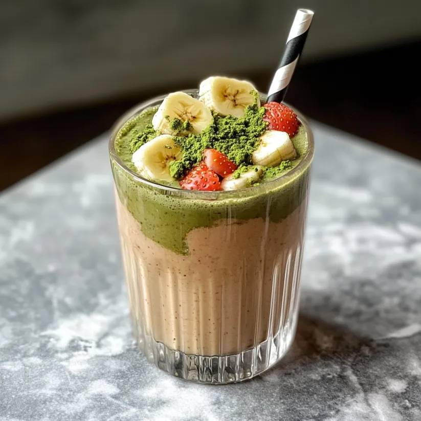 Ein Glas grüner Smoothie mit Bananen und Erdbeeren.