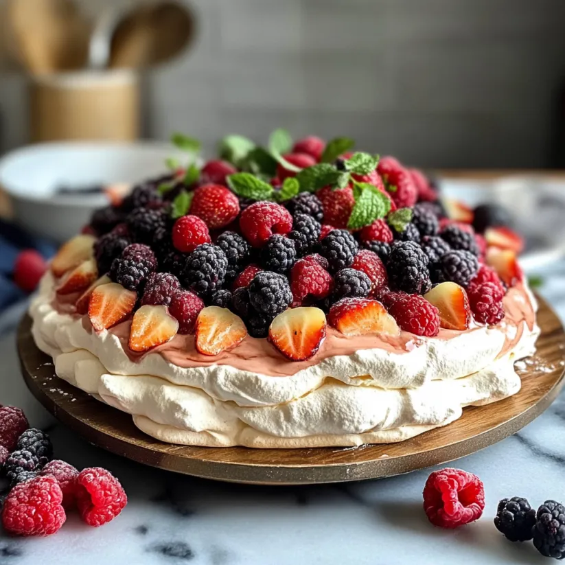 Eine doppelte Beeren-Pavlova aufeinander gestapelt.