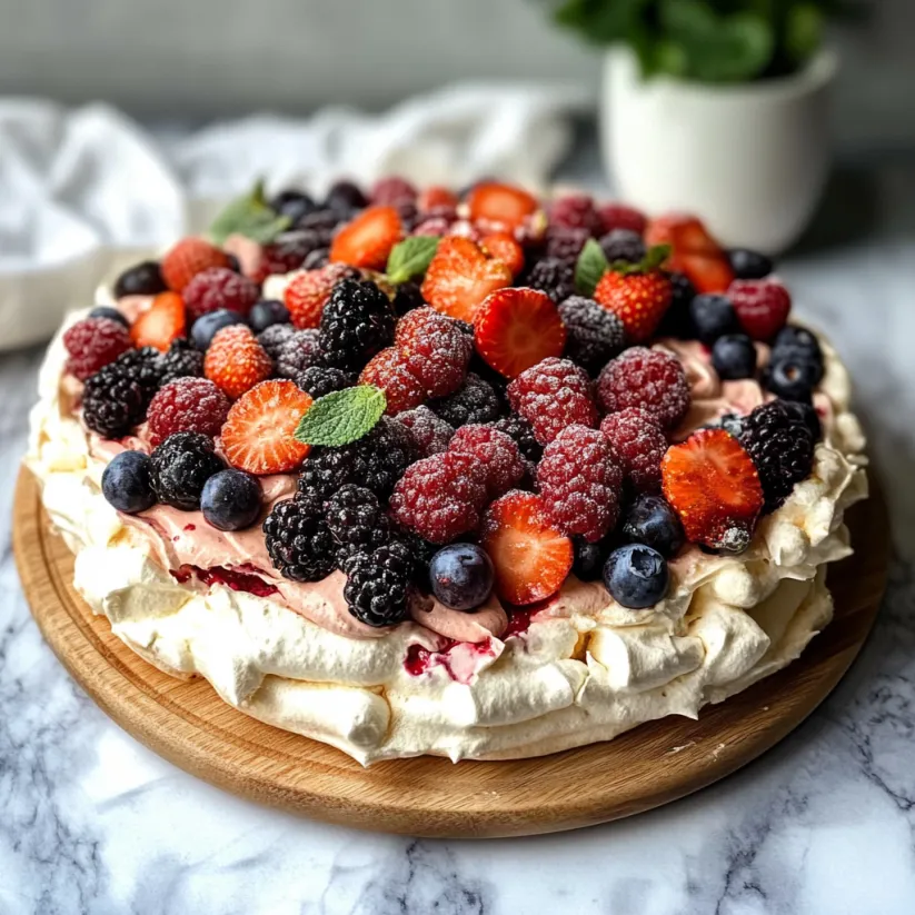Eine doppelte Beeren-Pavlova aufeinander gestapelt.