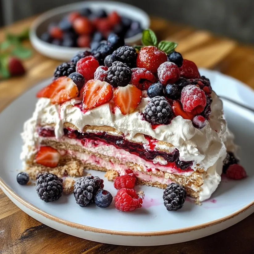 Ein doppelter Beeren-Pavlova-Kuchen auf einem Teller.