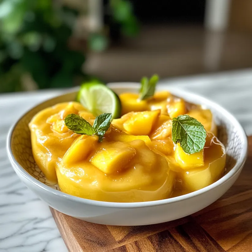 Eine Schale mit eisgekühltem Mango-Dessert.