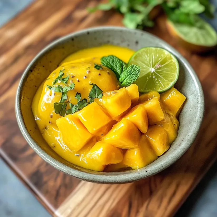 Eine Schale Mangosorbet mit Limettenstückchen obendrauf.