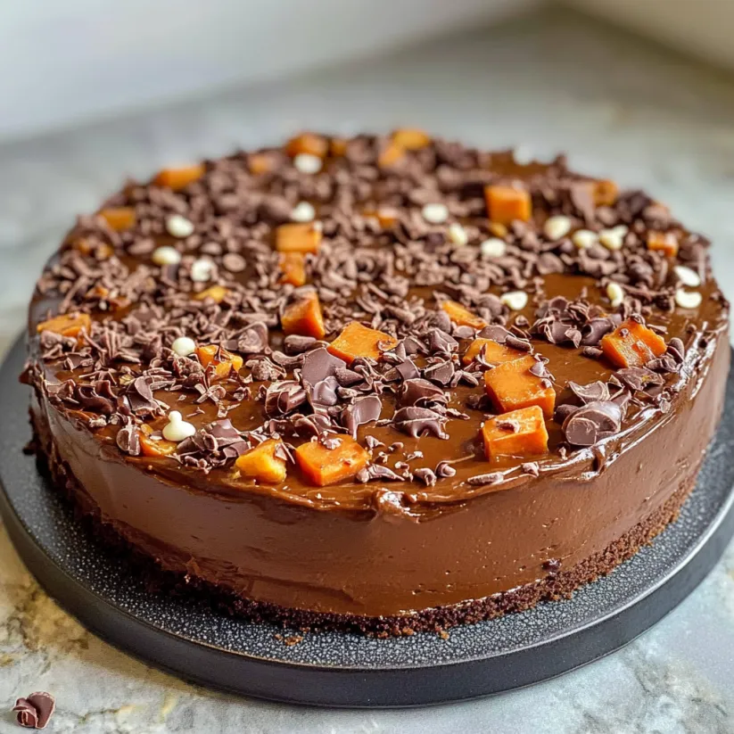 Ein Stück Schokokuchen mit Schokotropfen und Karamell obendrauf.