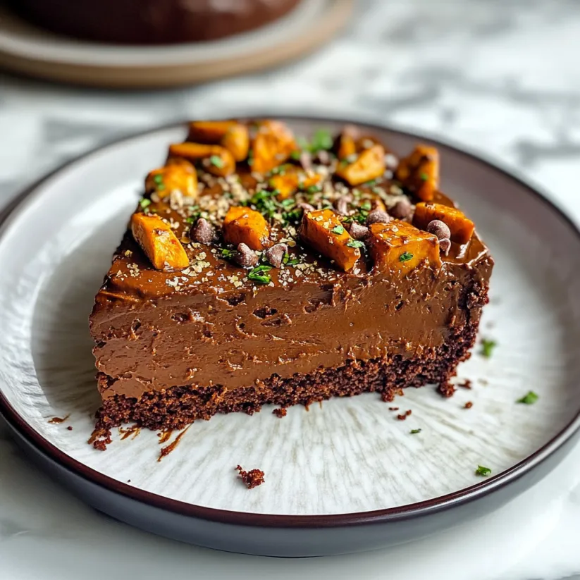 Ein Stück Schokokuchen mit Nüssen obendrauf.