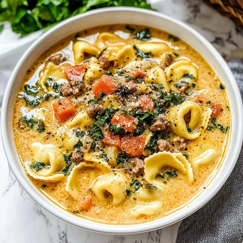 Eine Schüssel cremige Tortellinisuppe.