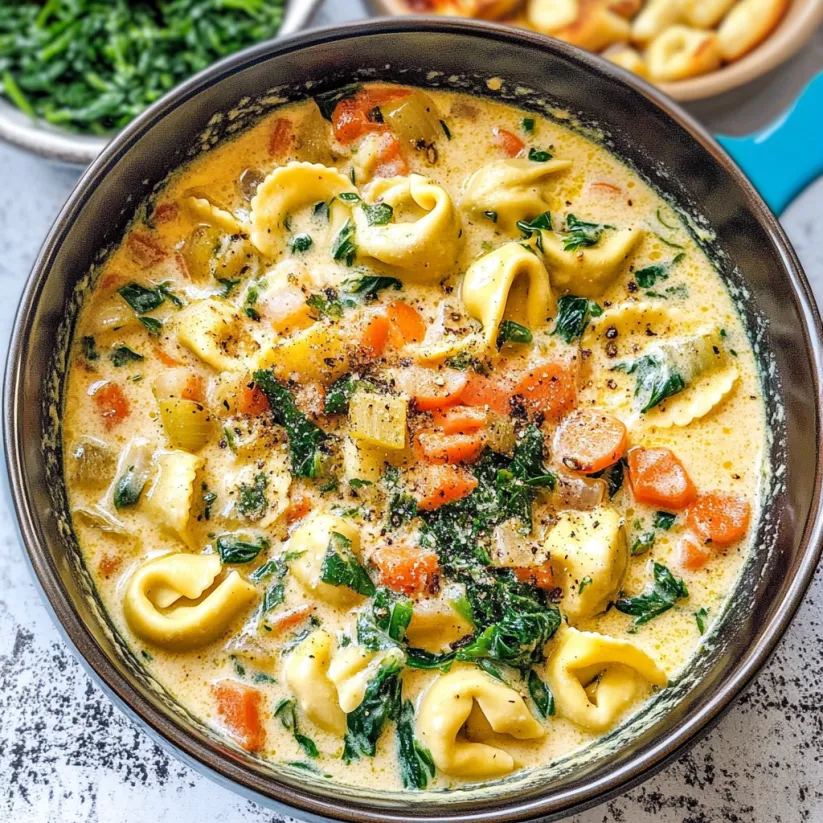 Eine Schüssel cremige Tortellinisuppe.