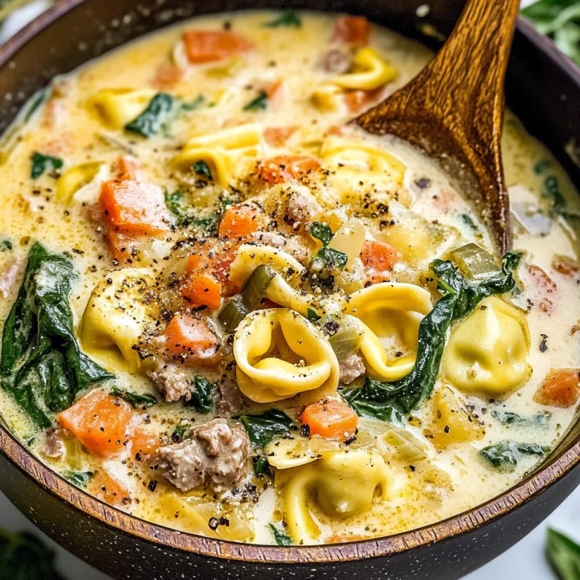 Eine Schale cremige Tortellinisuppe mit Gemüse.