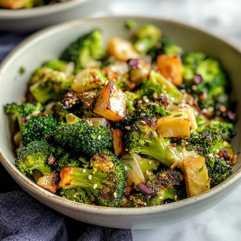 Eine Schüssel Brokkoli-Salat mit Sesam bestreut.