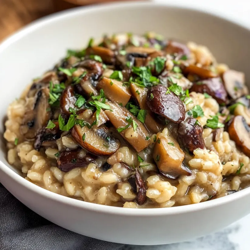 Eine Schüssel voll cremigem veganen Pilzrisotto.