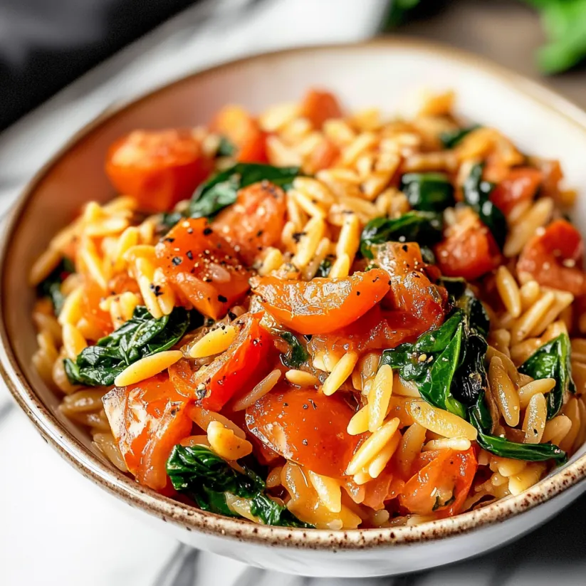 Eine Schüssel Pasta mit Tomaten und Spinat.