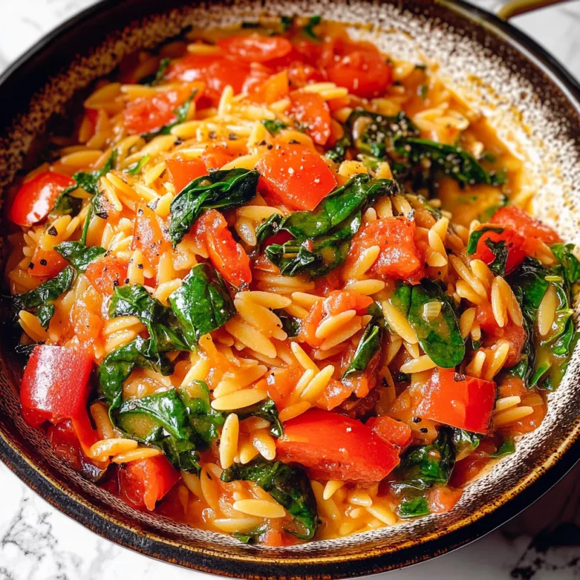 Eine Schüssel Pasta mit Tomaten und Spinat.