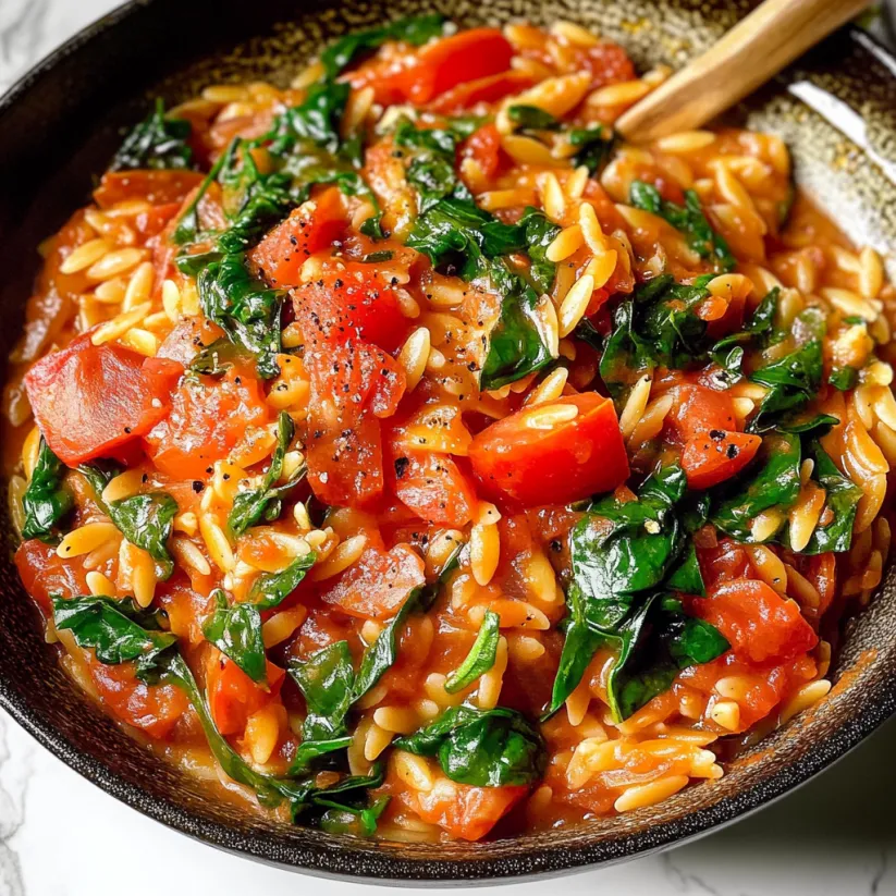 Schüssel mit Tomaten, Spinat und kleinen Nudeln.