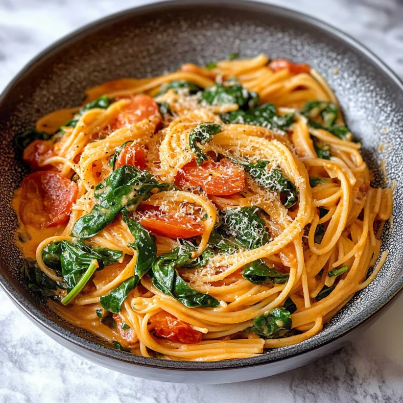 Eine Schüssel Pasta mit Tomaten und Spinat.