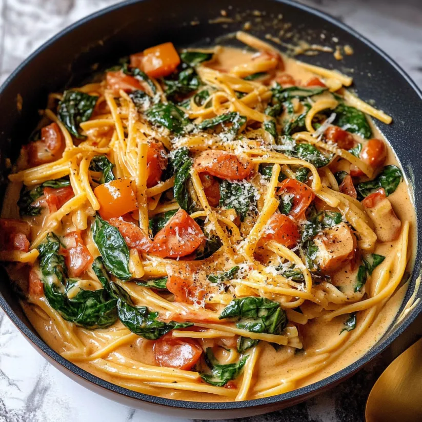 Eine Schüssel Pasta mit Tomaten und Spinat.