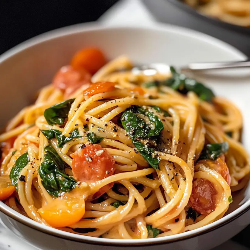 Eine Schüssel Pasta mit Spinat und Tomaten.