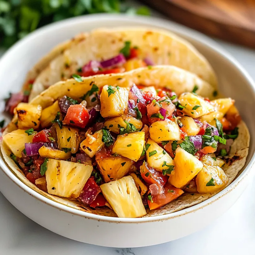Eine Schüssel mit Ananas-Salsa, Tomaten und Zwiebeln.