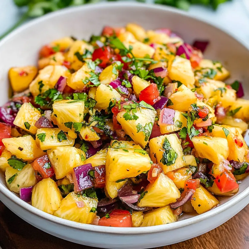 Eine Schüssel mit Ananas-Salsa, Tomaten und Zwiebeln.