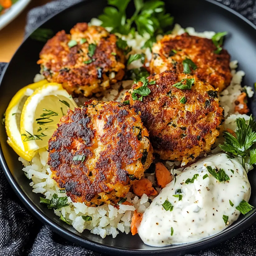 Schüssel mit Lachsbratlingen, Reis und Soße.