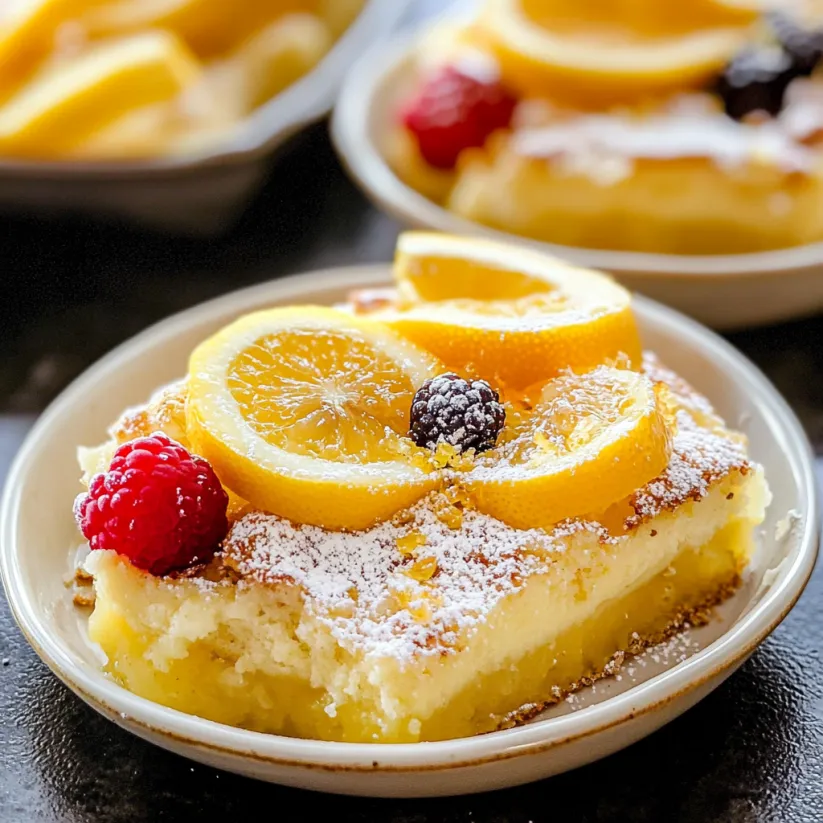 Ein Stück Zitronen-Puddingkuchen mit Himbeeren obendrauf.