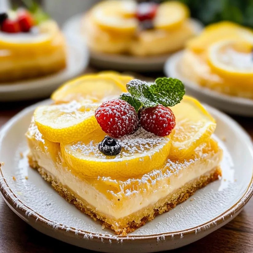 Ein Stück Zitronen-Puddingkuchen mit Himbeeren obendrauf.