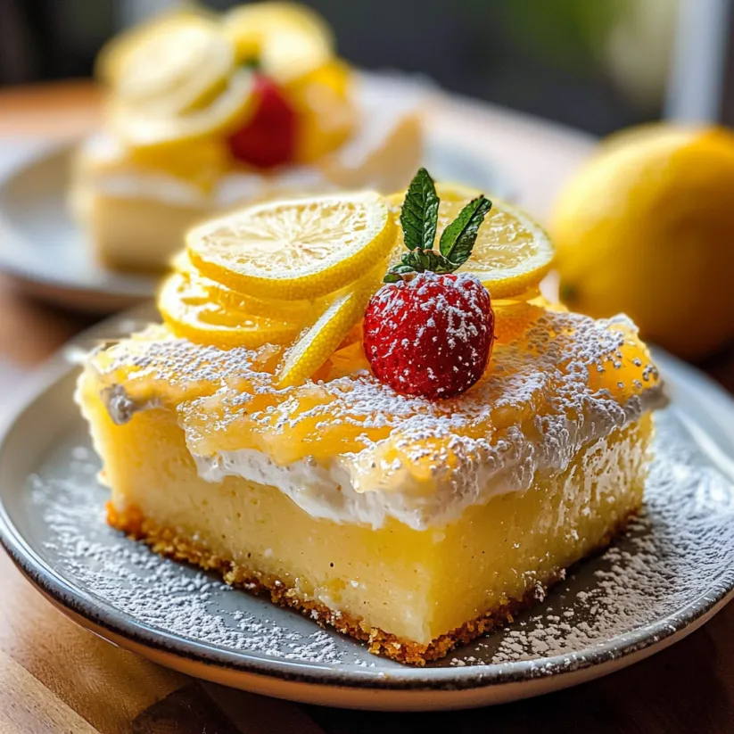 Ein Stück Zitronen-Pud-Cake mit einer Erdbeere obendrauf.