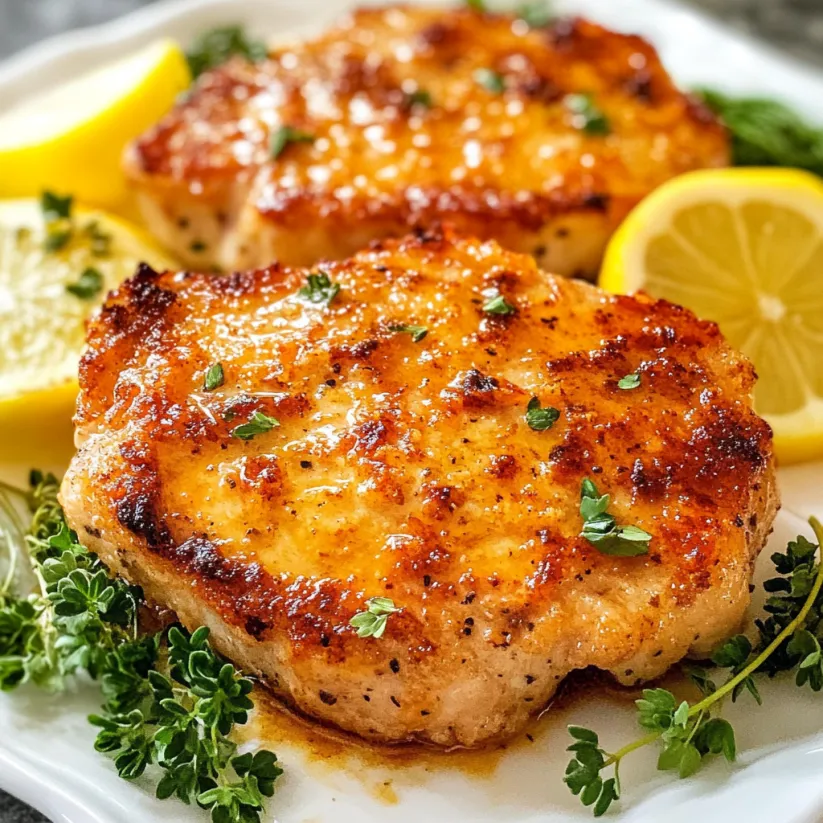 Luftfritteuse-Koteletts mit Zitronenspalten.
