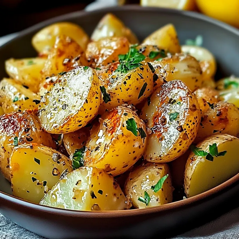 Kartoffeln in einer Schale mit Kräutern und Zitrone.