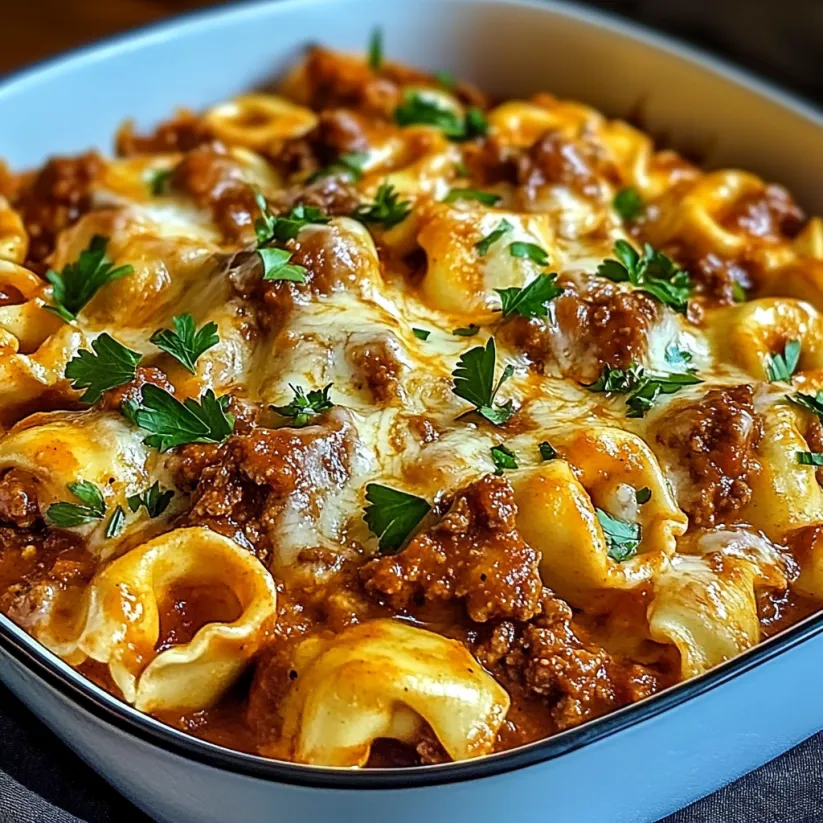 Eine Schüssel mit käsigen Beef-Enchilada-Tortellini.