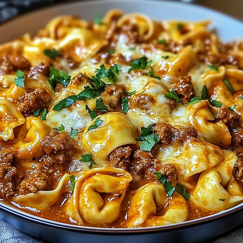 Ein Teller voll mit Beef Enchilada Tortellini und ordentlich Käse obendrauf.