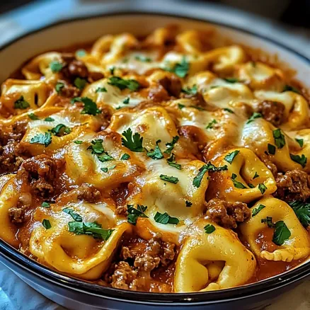 Eine Schüssel mit käsigen Beef-Enchilada-Tortellini.